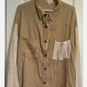 Unworn Oli & Hali Brown Cream Lace Button Front Oversized Tunic Sz L Lagenlook